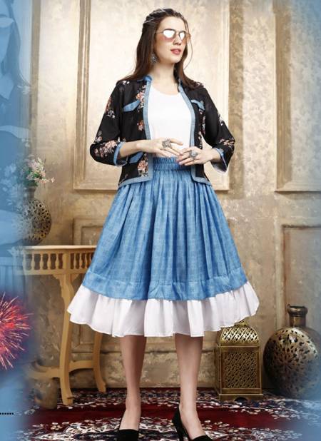 Sky Blue And Black Colour FENEE WESTERN Party Wear Designer Coati Inner Skirt Poli Rayon Cotton Stylish 3 Piece Collection FENEE 01